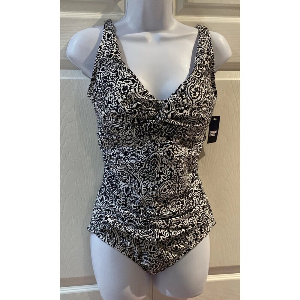 Lands’ End Women’s Tank Swimsuit Bathing Suit Slimming Paisley Black Size Small